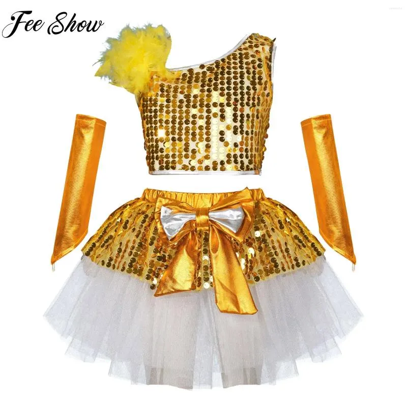 Clothing Sets Kids Girls Dance Performance Outfit Glittery Sequins Sleeveless Crop Top With Bowknot Tutu Skirt Metallic Shiny Gloves