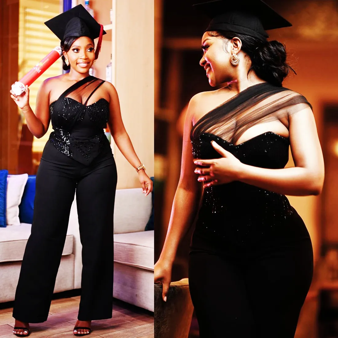 2024 Plus Size Black One-Piece Jumpsuits Promdress Prom Dresses For Black Women One Shoulder Pärled Birthday Dress Gradation Dresses Second Reception GOWNS AM809