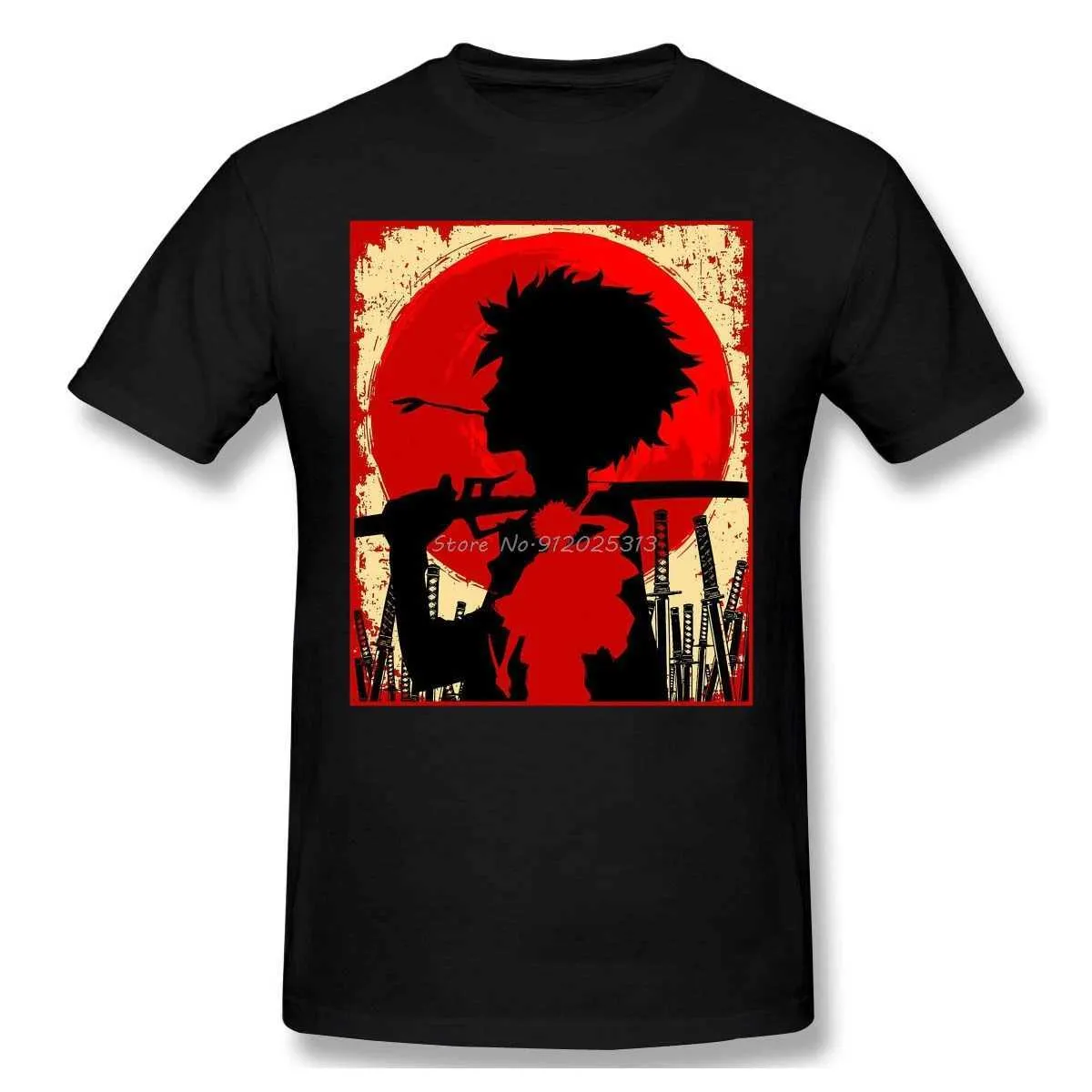 Magliette maschile alte uomini quty samurai champploo divertenti manga t-shirt nero samurai tramonto mugen puro cotone ts harajuku quotidiano vita t240425