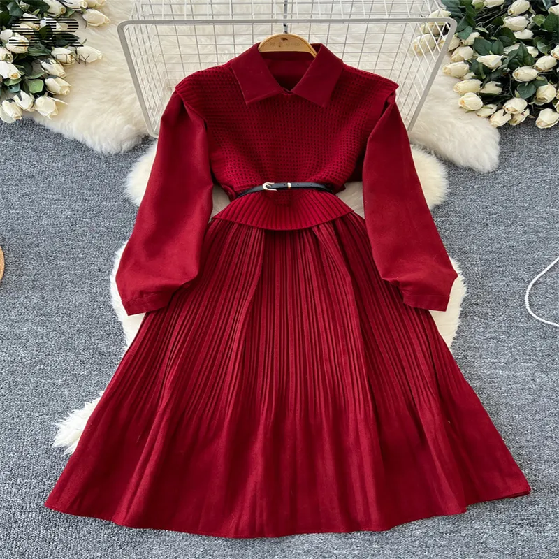 winter dress pleated knitted SINGREINY With Belt Short Sleeve Turndown Collar Chiffon Synthetic Fiber Floor-Length Wedding Dress Measurement Preference:Made to Measure Long sleeves knitted dress Basingstoke I Guess So Polka
