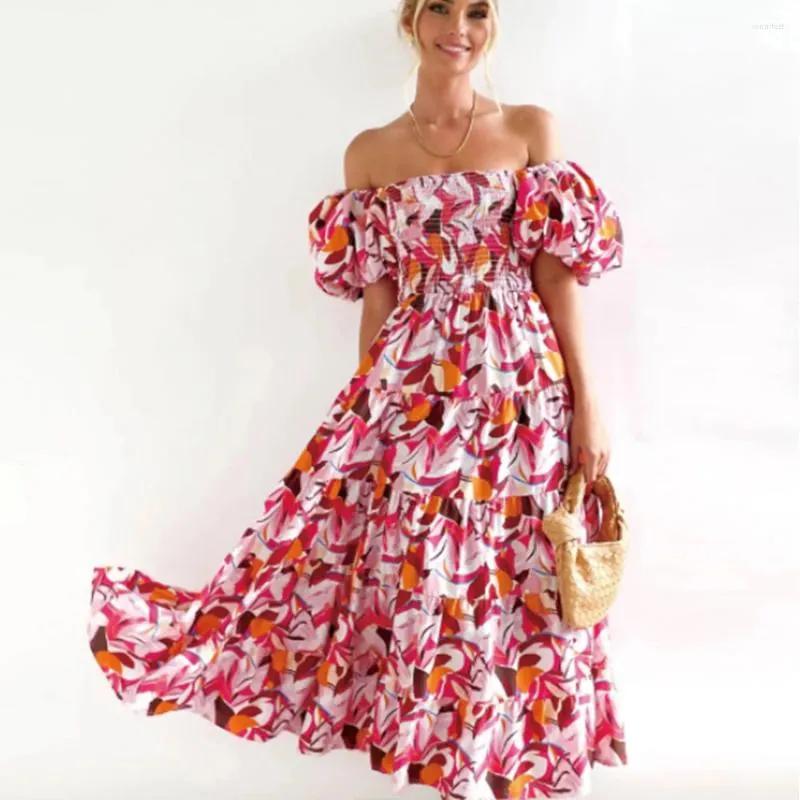 Casual Dresses Pastoral Gentle 2024 Women's Bohemian Floral-Print Off-Shoulder Vacuum Style Sexig lös klänning lång
