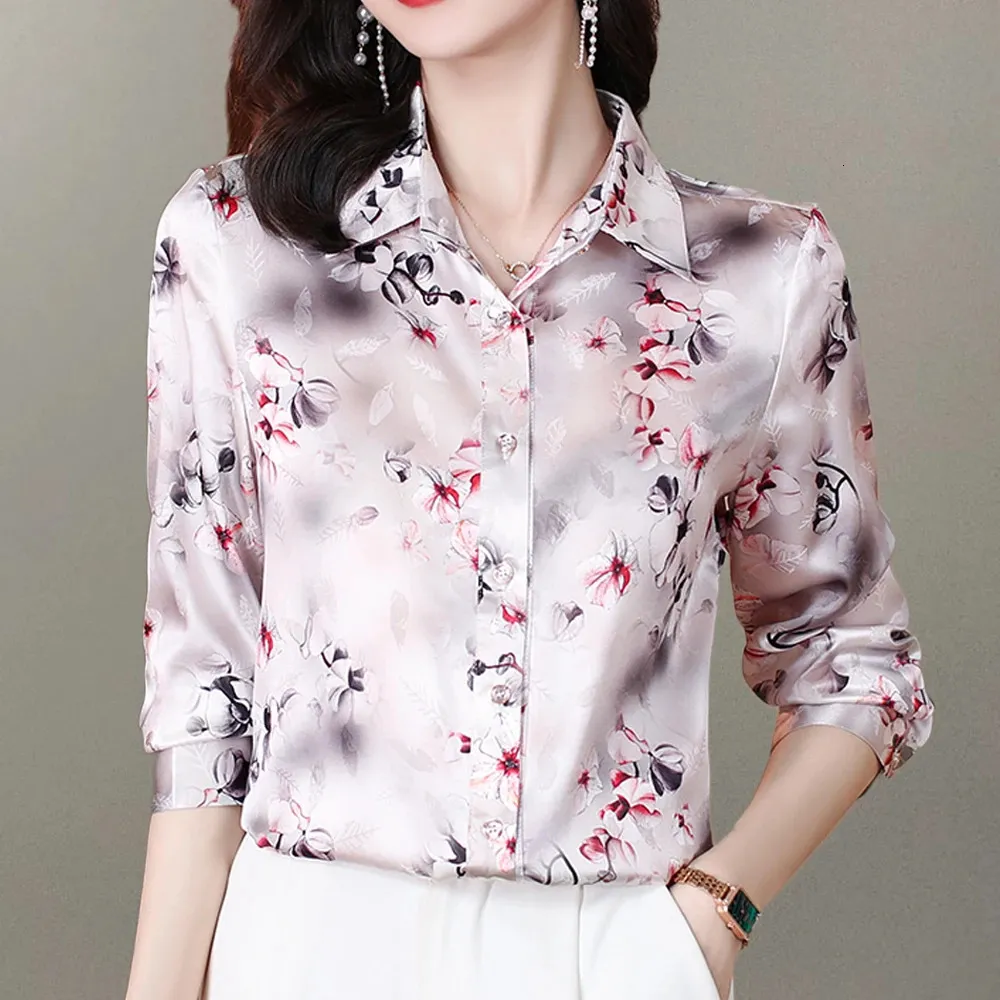 Fashion Flower Printed Women Shirts Long Sleeve Casual Satin Blouses Women Vintage Silk Shirts Tops Blusas Mujer De Moda 2024 240419