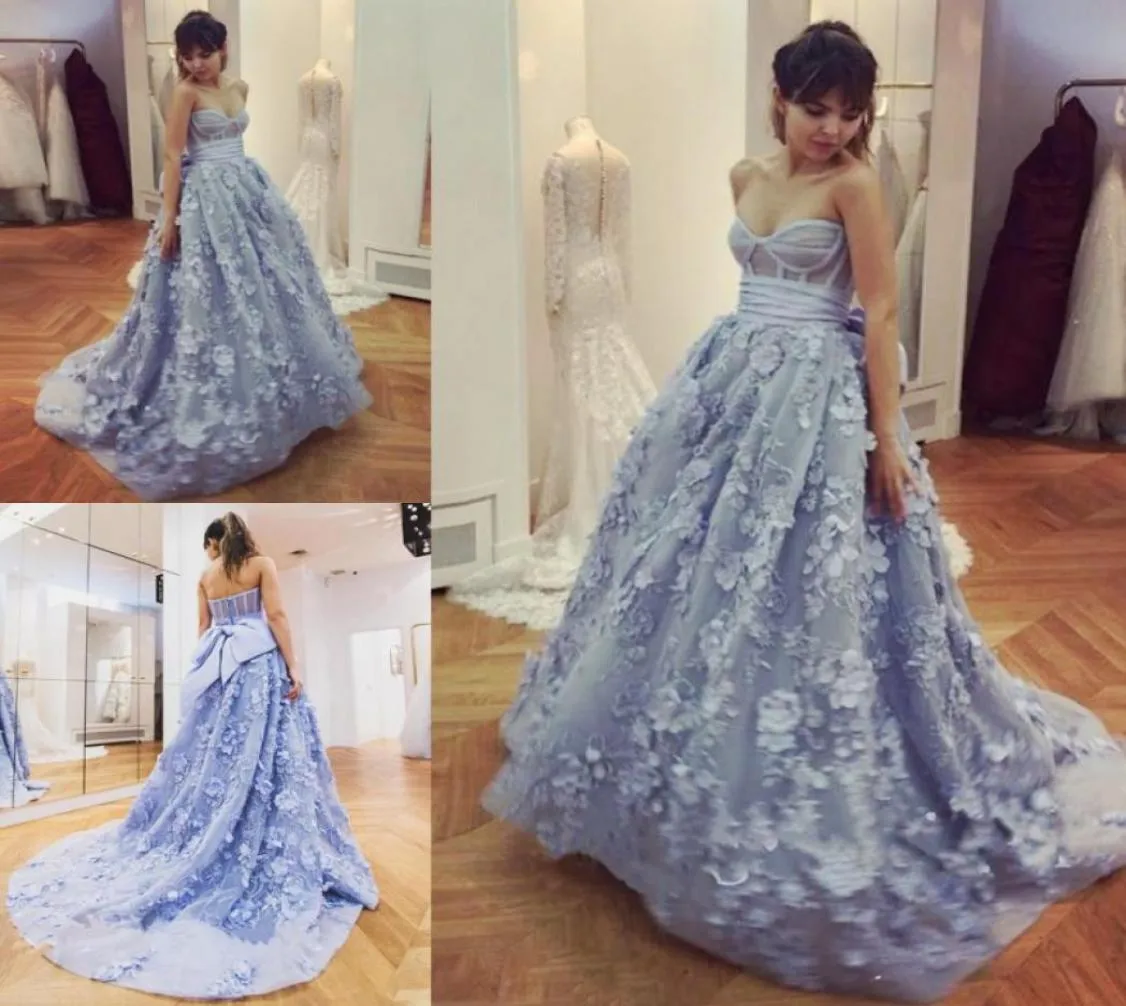 Dusty Blue Sweetheart Prom Dresses Sexy Bodice Exposed Boning Lace Appliques Evening Gowns With Big Bow Backless Sweep Train Arabi3000053