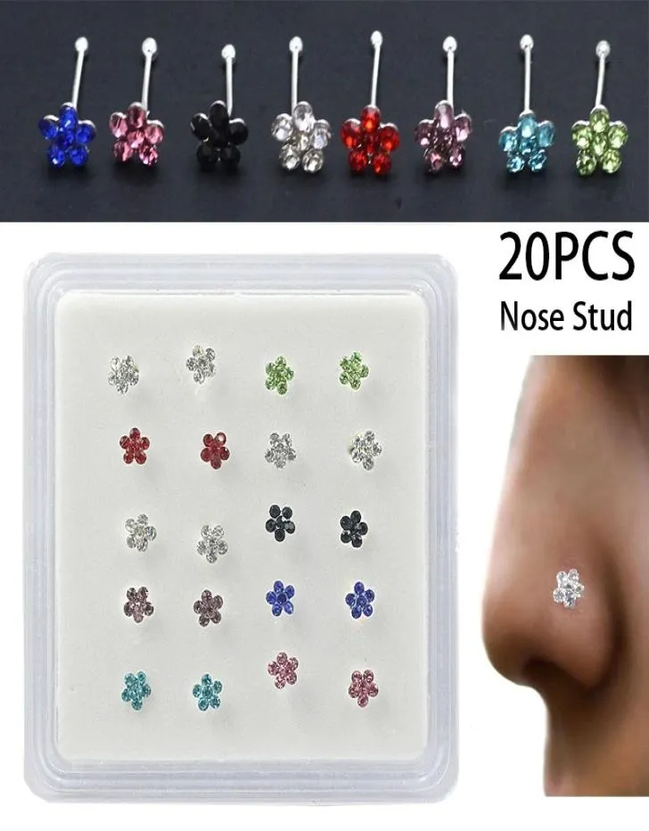 20pcsbox Body Nose Piercing Bijoux de nez boucles de nez argent Nez Plonds pour les femmes Bijoux de clou de fleur de cristal coloré entier SH1907277740692