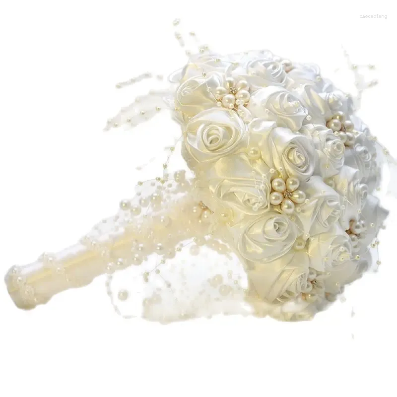 Fleurs décoratives belles en bouillon ivoire ruban étonnants perles perles bouquet de mariée bouquets Bouquets de mariage Ramo de Novia