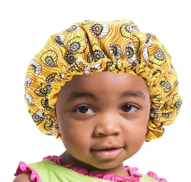 Barnflicka Satin Bonnet Justerbar dubbellager Natt Sleep Caps Kids African Print Turban Hair Cover Baby Hat8450477