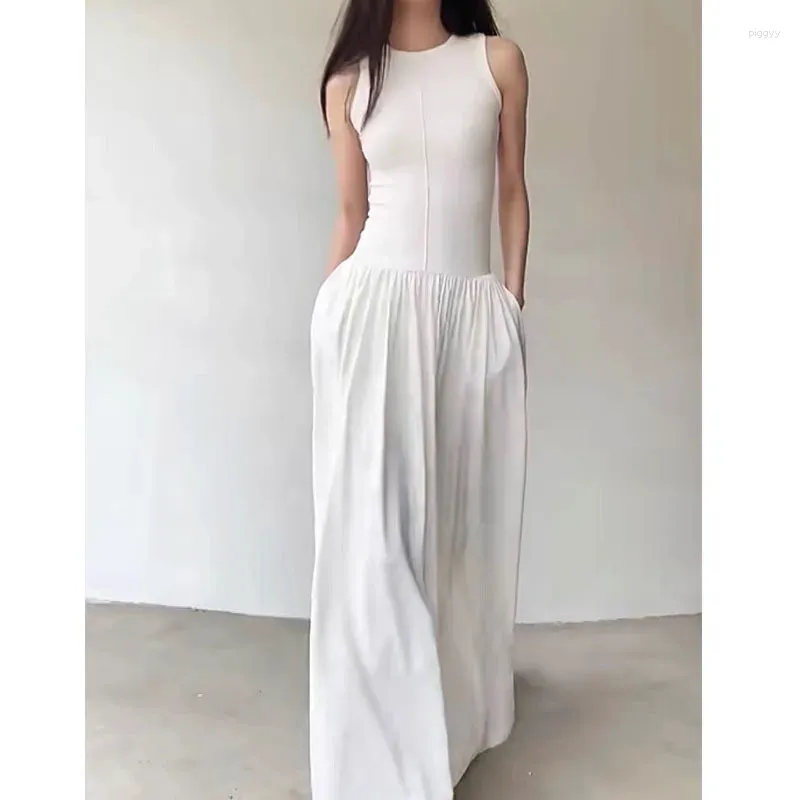 Sukienki swobodne Summer Black White Tanks Maxi dla kobiet 2024 Vintage Temperament Sleveless Kieszonkowy szat femme vestido