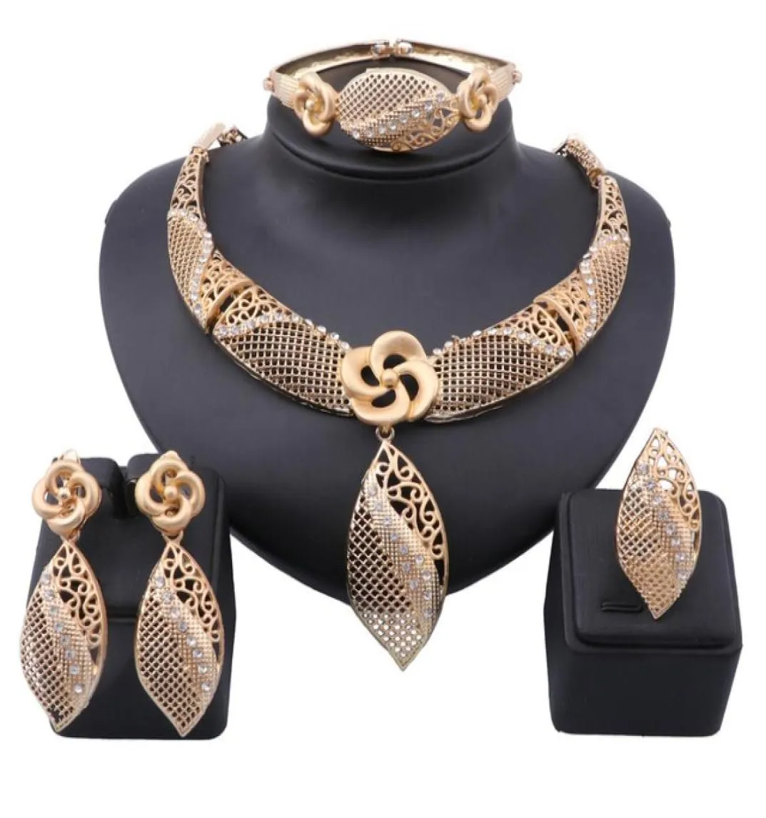 Trendy Nigerian African Beads Jewelry Sets Crystal Necklace Earrings Bangle Ring Party Wedding Dubai Jewellry Set6493007