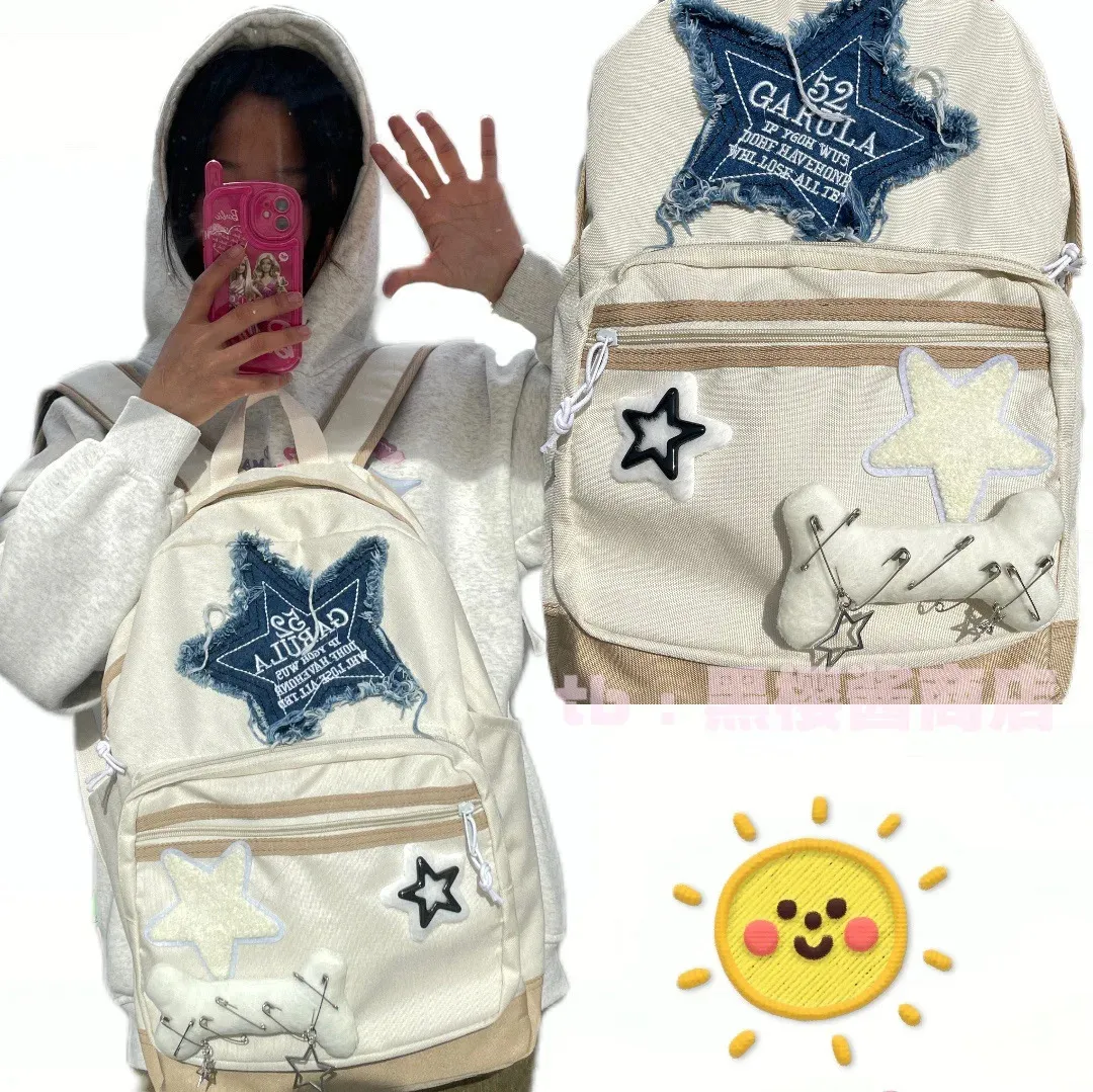 Y2K Kawaii Backpack Bone Bone Bag fofo estrela de retalhos de retalhos da escola casual bolsa de estudante coreana garotas de viagens damas mochilas adolescentes 240426