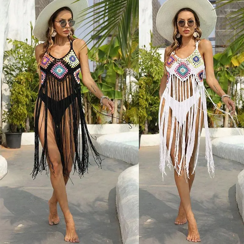 Vintage chic haken franje v-hals cover-up handhaak tassel lange jurk boho hollow out zomer vrouwelijk strandkleding