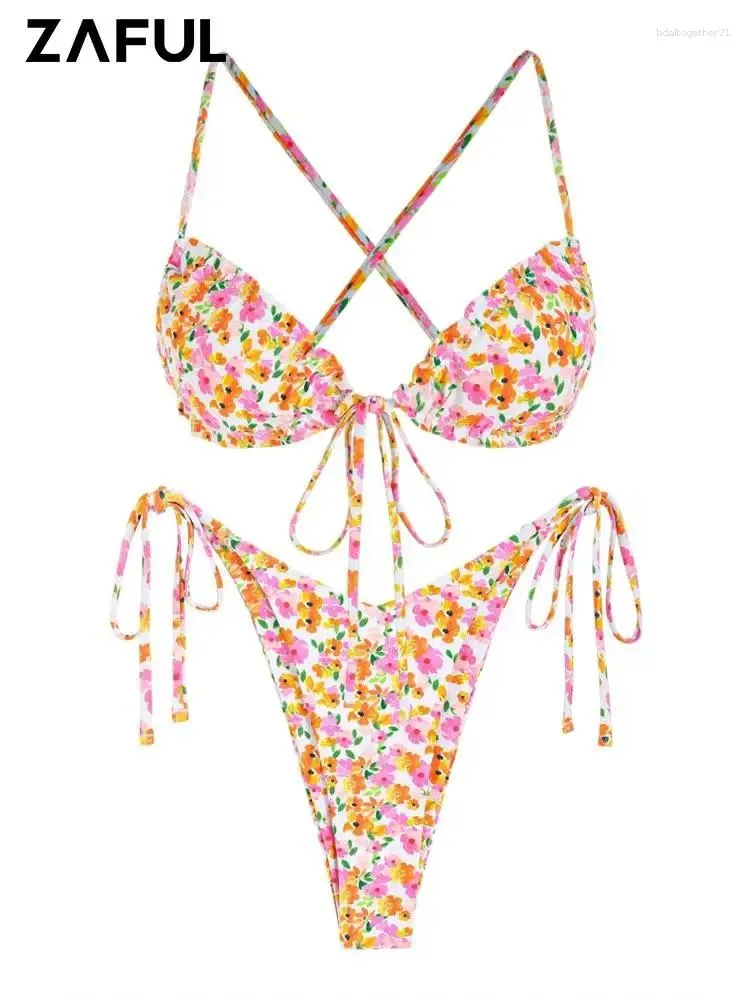 Kvinnors badkläder Zaful Ditsy Floral Swimsuit Bikini Set Printed Frilled Tie Side Criss Cross High Leg Bohemian Padded Top Beach