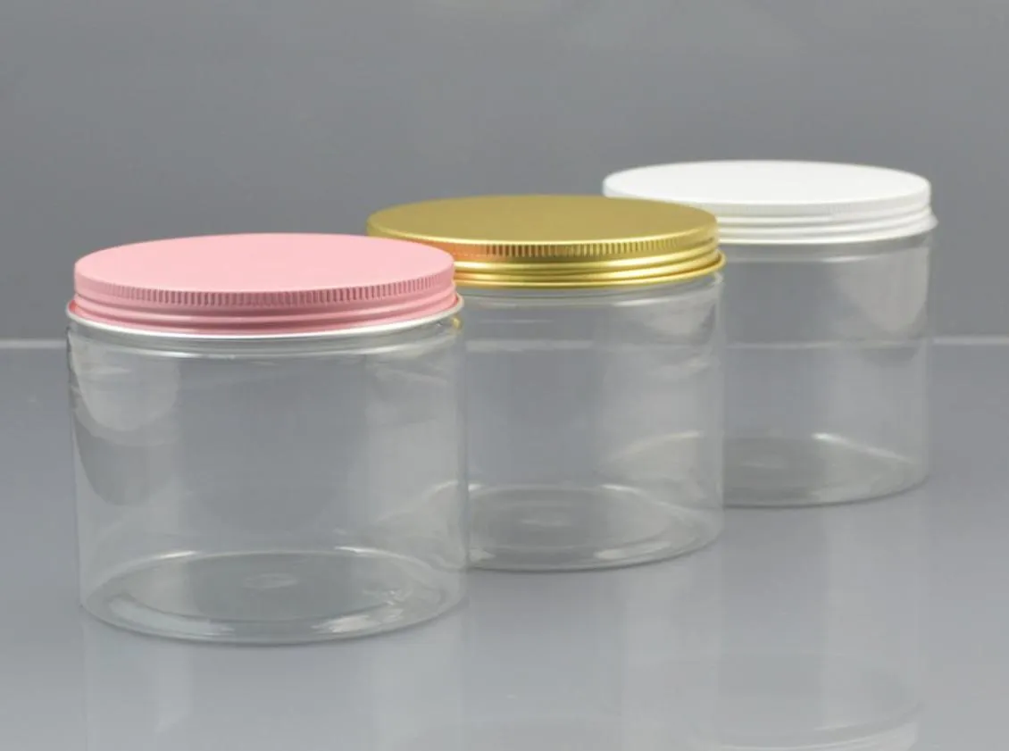 30pClot 250g Jar de plástico recargable 8 oz Clear Sero Bottle Gold White Rosa Tapa de aluminio Recipiente de recipiente Cuerpo Cuerpo 3115115