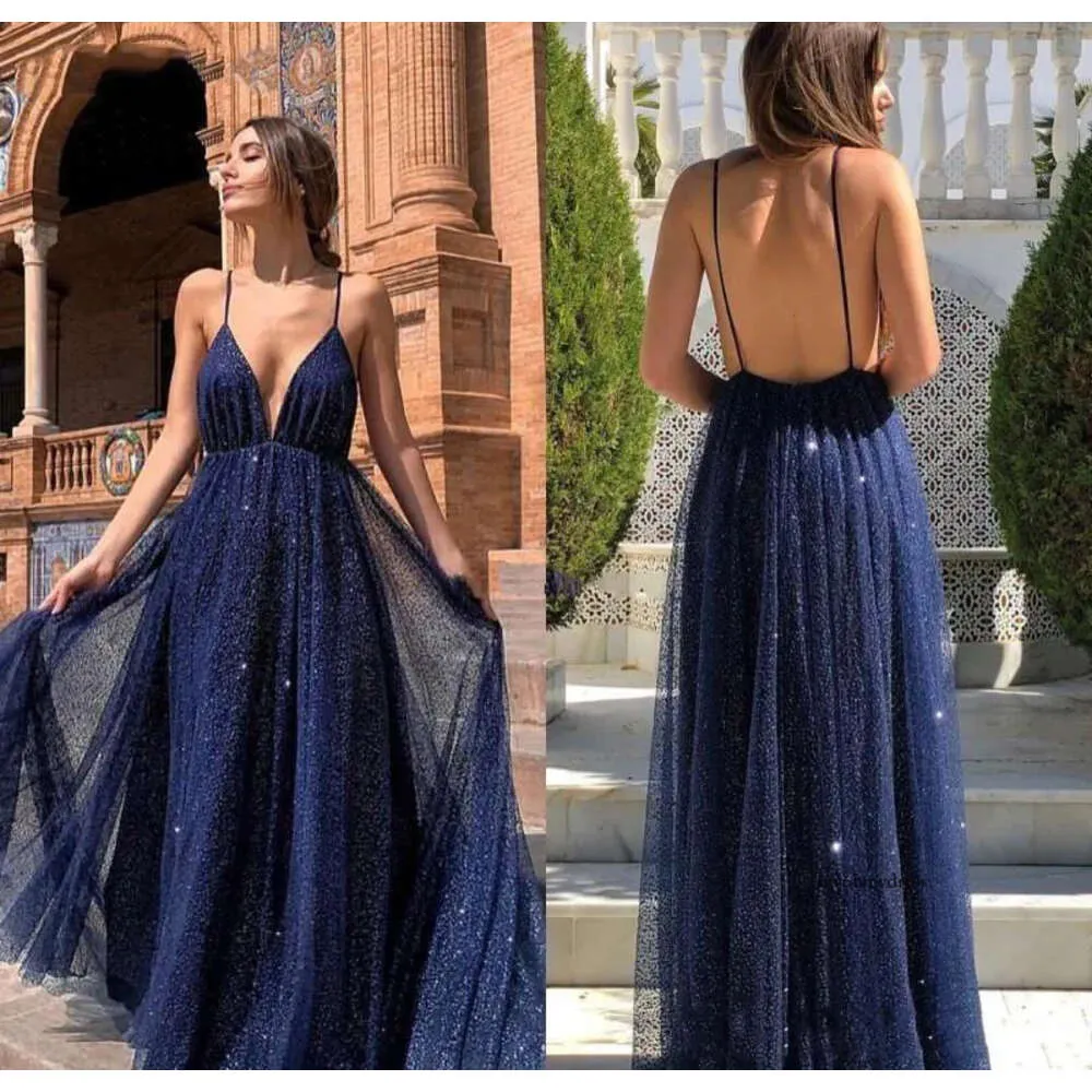 2021 Arabic Dubai Sparkly Sexy Navy Blue A-Line Prom Dresses Deep V-Neck Backless Sequins Formal Evening Party Gowns Ogstuff Robe De Soiree 0431