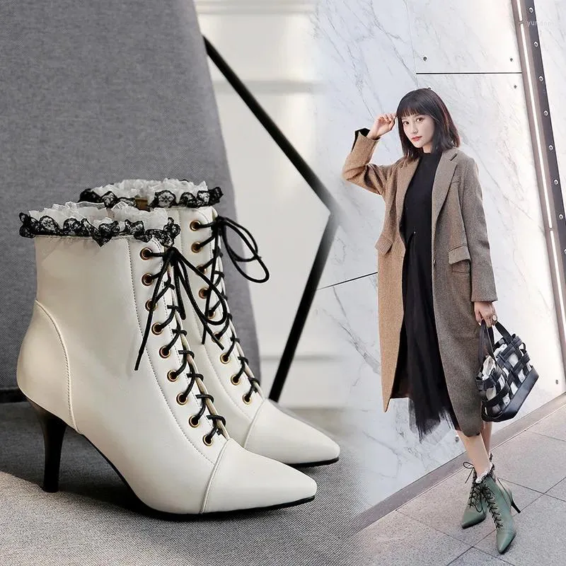 Casual Shoes 2024 Autumn/Winter Fashion White Point Toe Women's Ankle Boots Lady Spets Stitching Stiletto High Heels Ladies Pumps