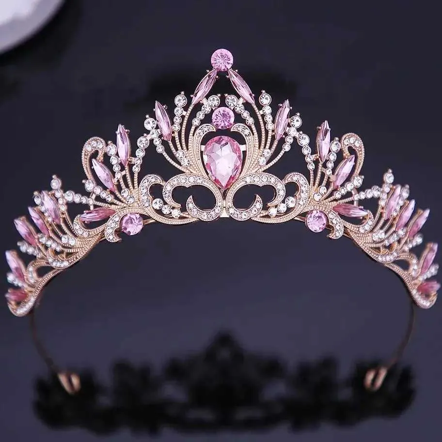 Tiaras Elegant Korean AB Pink Red Crystal Tiara Crown Women Girls Party Wedding Princess Rhinestone Bridal Crown Hair Jewelry