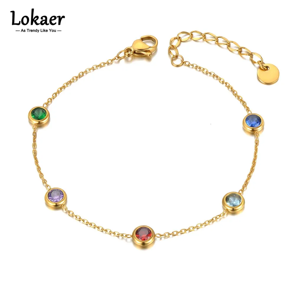 Lokaer acero inoxidable colorido Zirconia cúbica Pulseras de encanto para mujeres joyas de cadena bohemia chapada de oro de 18k B21152 240423