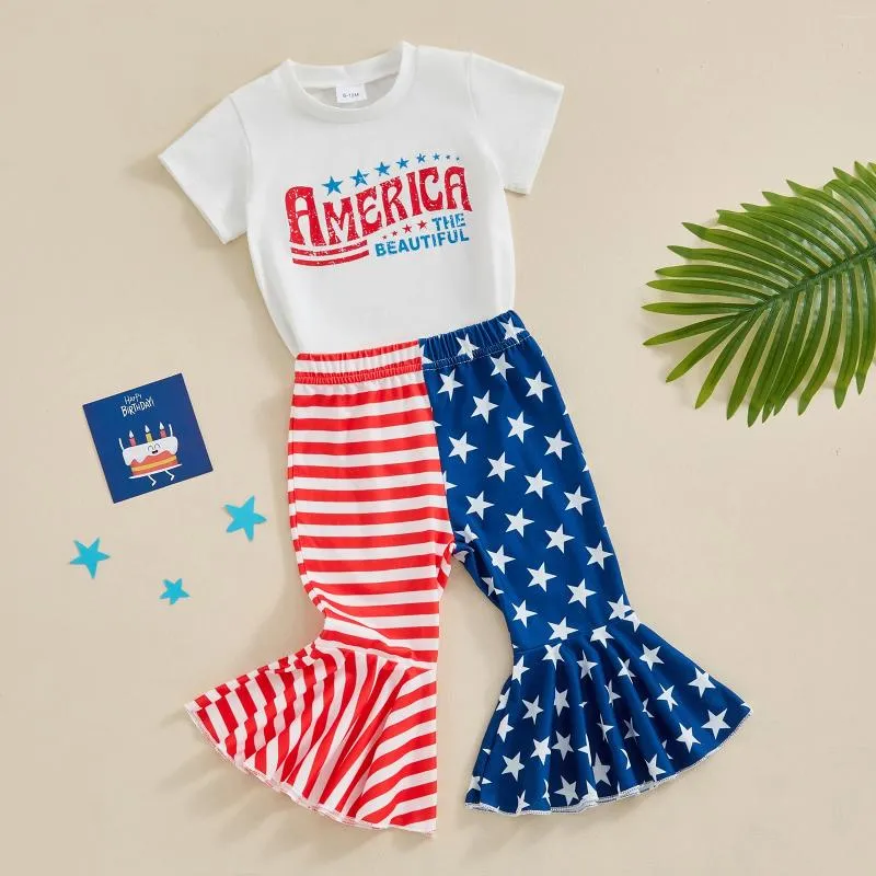 Ensembles de vêtements Focusnorm 0-4y Toddler Kids Girls Girls Vêtements For Independence Days Letter Imprimer des t-shirts à manches courtes