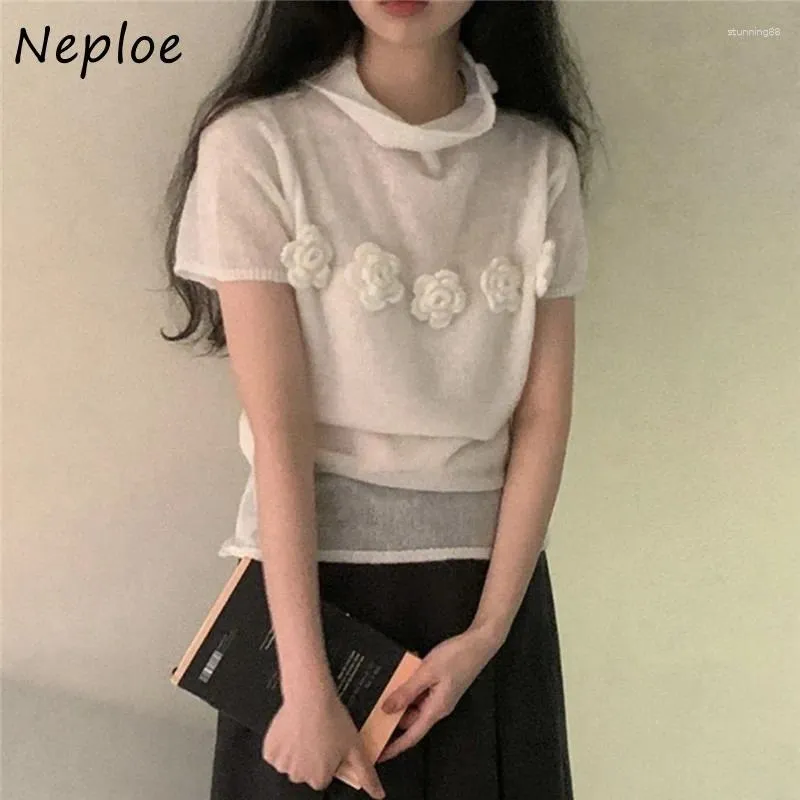 T-shirts pour femmes Neploe Corée Fashion 3D Tee-shirt Flower T-shirts Match Halch Collar 2024 Été à manches courtes tricot