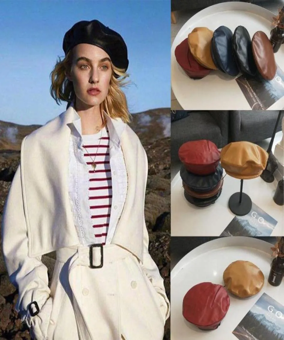 Fashion Women Beret Solid Faux PU Leather Berets French Artist Warm Beanie Hat 2020 New7092485