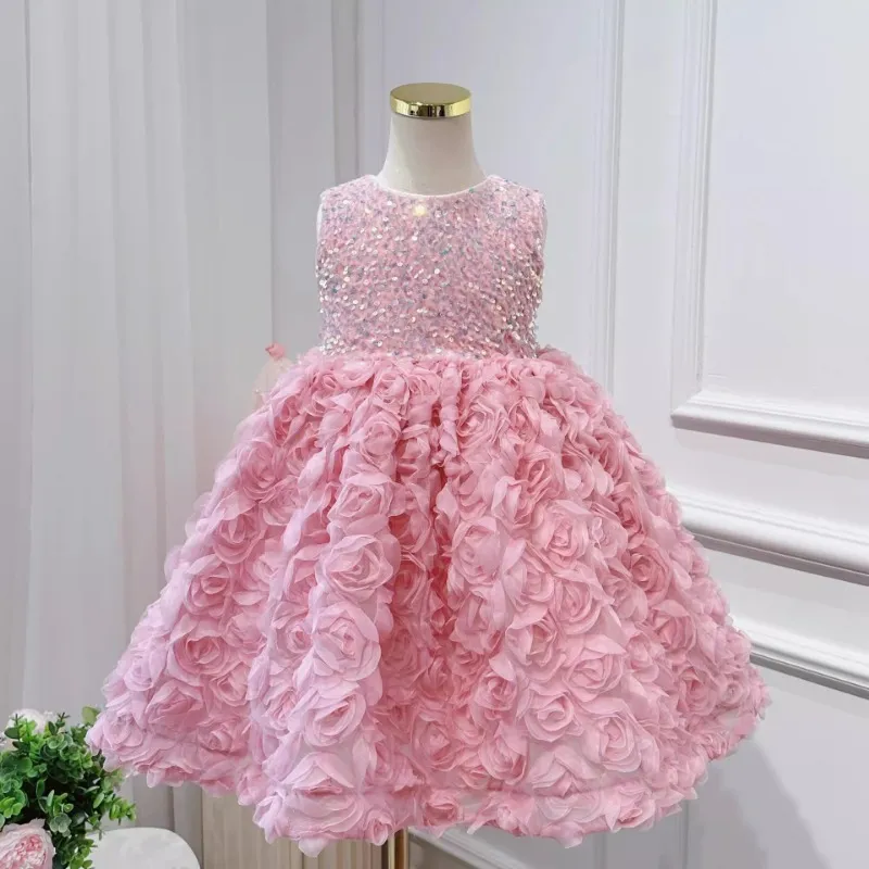 Vestido de meninas 2024 novo vestido tridimensional rosa princesa