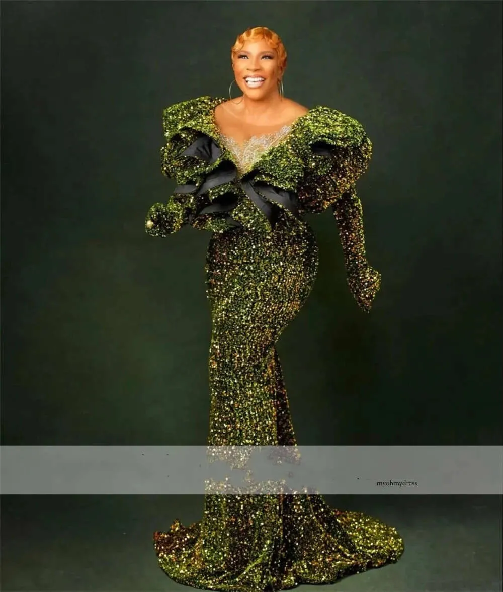 Eleganti abiti da sera a sirena con paillettes verdi per donne arabi 2022 manica a cappuccio sexy africano formale africano abiti da ballo EBI 0431