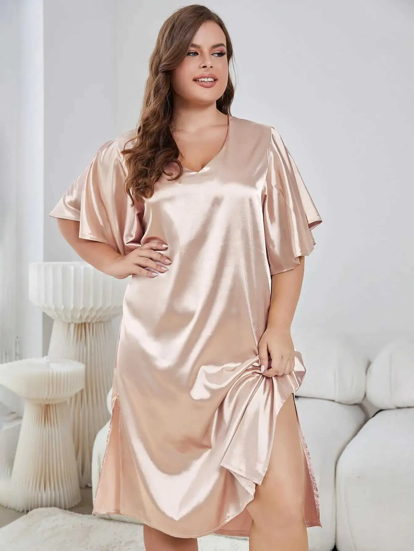 Dames slaapkleding plus size slpwear -jurken v met nek