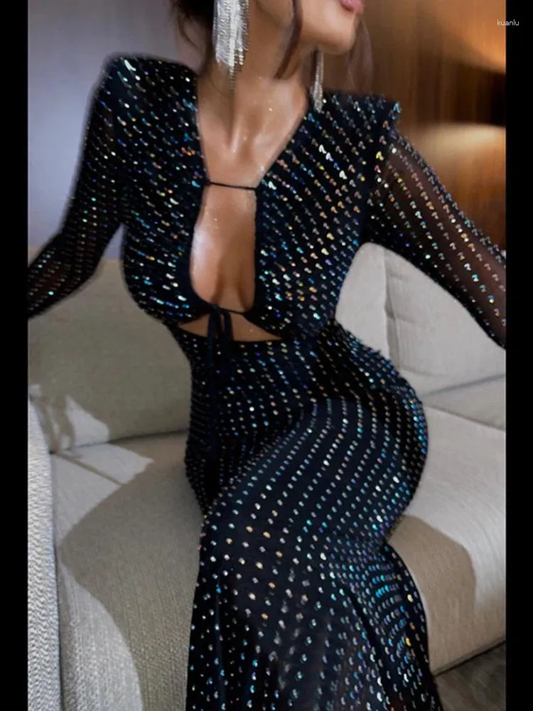 Pailletten für Gelegenheitskleider Party für Frauen Mode sexy Clubwear Hollow -out Full Sleeve Bodycon Elegante Hüfte Wrap Long Vestidos Roben weiblich