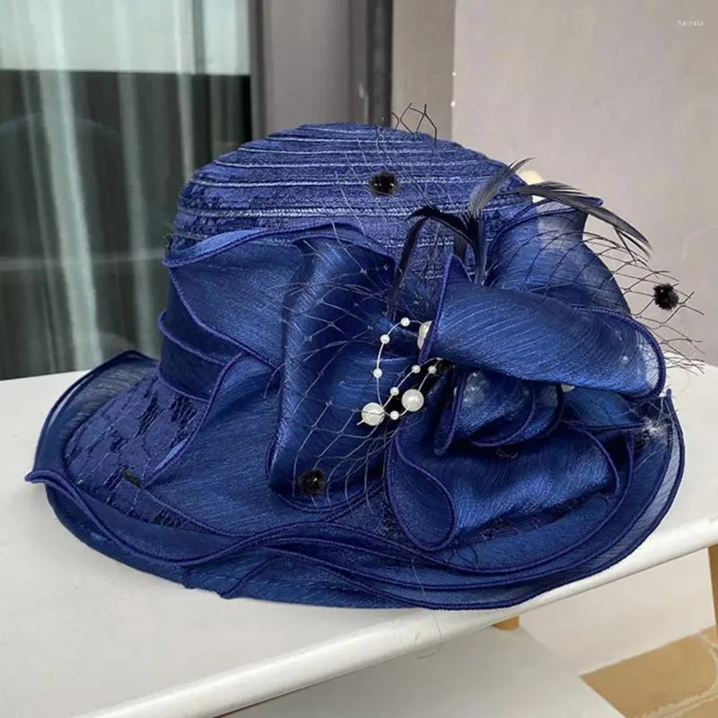 Breite Krempe Hüte Frauen Sonnenhut eleganter Vintage -Stil Frauenfischer mit Spitzenbogen Faux Pearl Feather Dekor für Prom Party