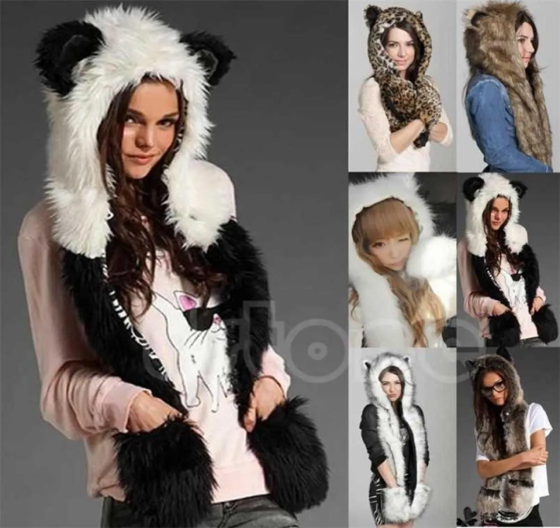 Winter Faux Fur Hood Animal Hoods Hat Cap Cartoon Plush Hats With Scarf Paws Sets Warm Caps Beanies Cartoon Panda Wolf Hat 22011318877733