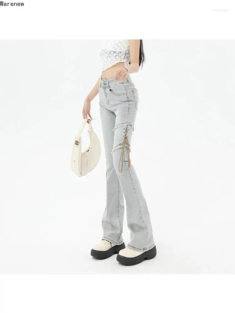 Kvinnors jeans streetwear stil vintage hög midja blå blossade byxor 2024 kvinnor mode casual snörning y2k smal fit denim byxor