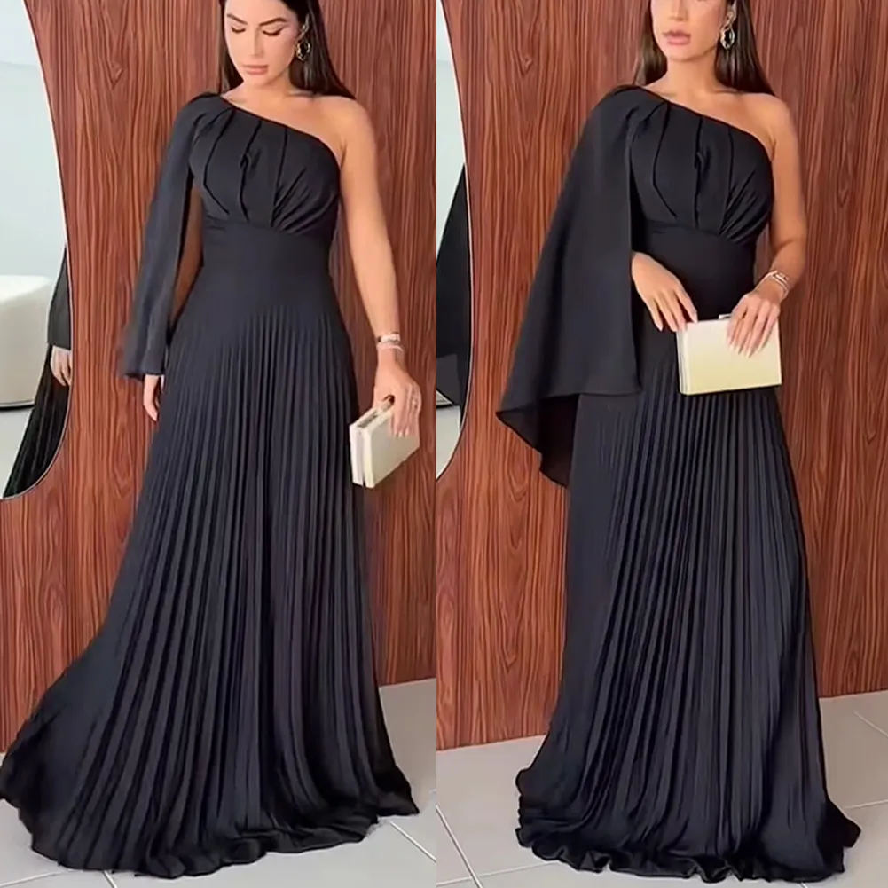 One Shoulder Evening Dress Long A Line Formal Dress Black Crepe Formal Party Prom Gown for Women