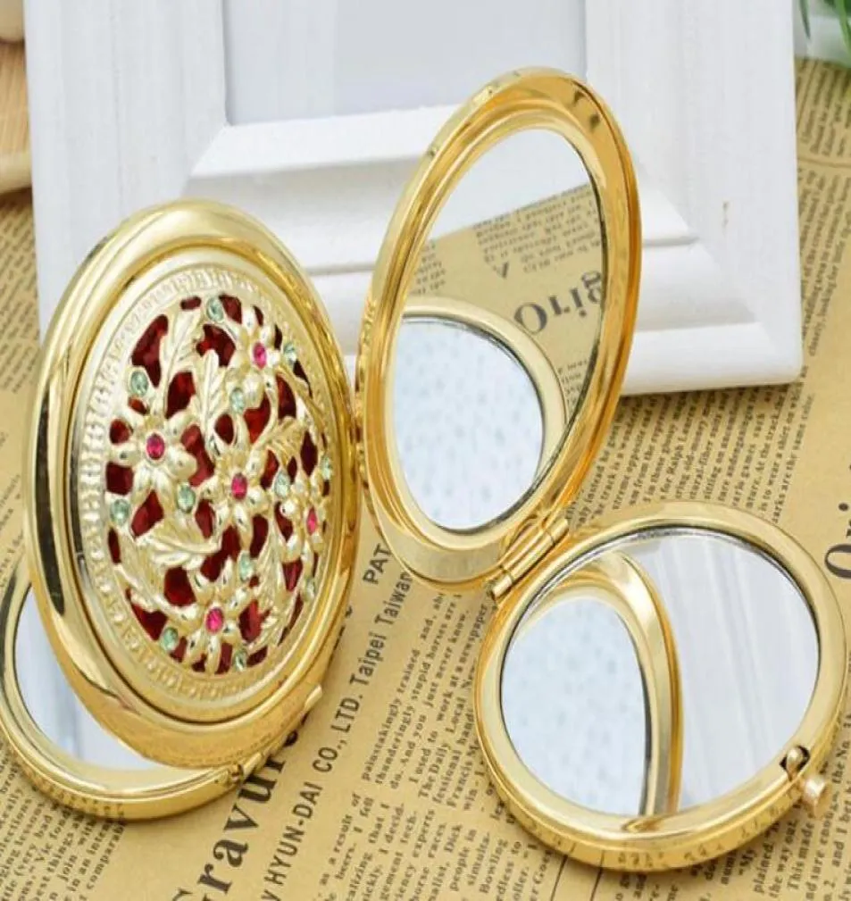 Chic Retro Vintage Gold Metal Pocket Mirror Compact Cosmetic Retro Mirrors Crystal Studded Portable Makeup Beauty Tools4864473