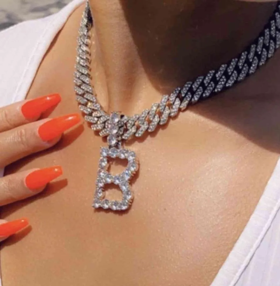 Iced Cuban Link Chain Letter Pendant with diamond Tennis Chain Women039s chocker letter necklace jewelry quotA to Zquot ini9373647