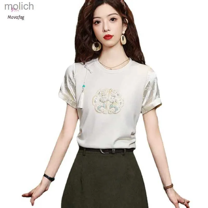 Camiseta feminina de camiseta chinesa camiseta chinesa feminina moda casual t-shirt bordado o-pescoço novo 2024 Summer Summer Splicing Short Mangueta T-shirtwx