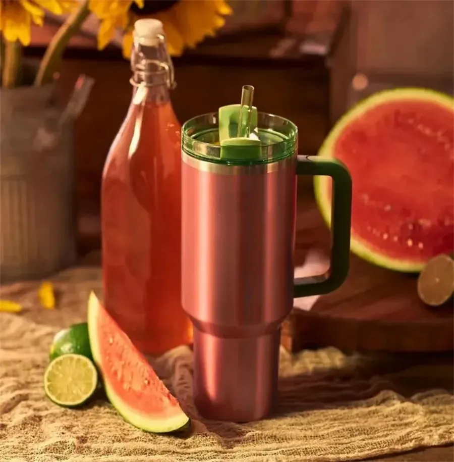 Watermelon Moonshine Tumbler Chocolate Gold 2nd Generation Replica 40oz Stainless Steel Cup Handle Lid and Straw Car Cup Water Bottle