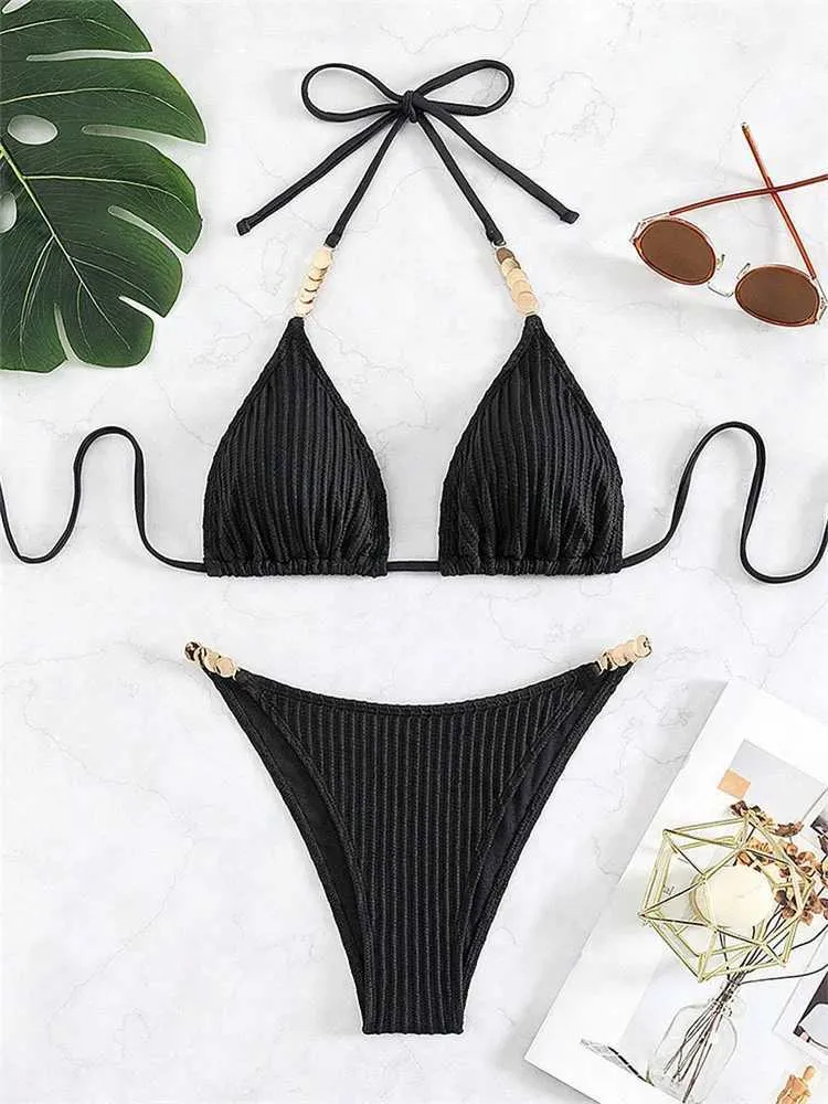 Frauen Badebekleidung sexy schwarze Bikini Frauen Halfter Metallriemen Push Up Micro Mini Badeanzug 2024 Brasilianisch ausgeschnittene Strandanzug Tanga Badebadet