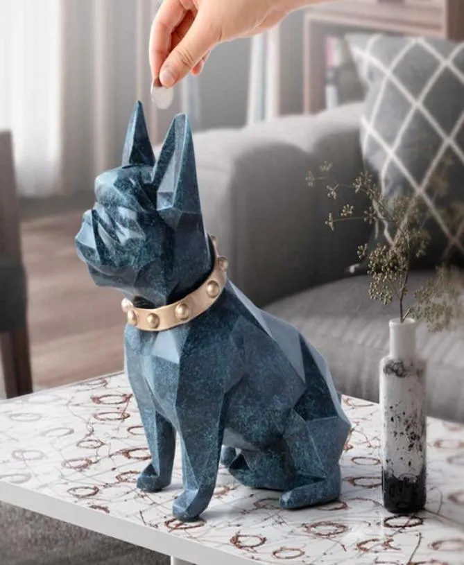 Géométrie de style européen French Bulldog Résine Statue Money Box Creative Home Decor Coin Storage Box Child Gift Piggy Bank WX3 T20066266242