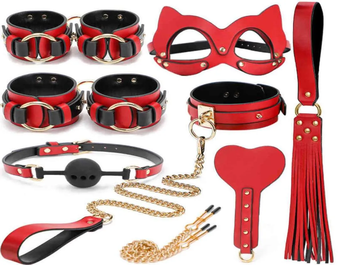 Lobo preto Red Upscale Genuine Leather Restrant Cosplay Bondage Conjunto de cativeiro SM Handcuff Whip Brecha Glamps Games Adult Games5367153