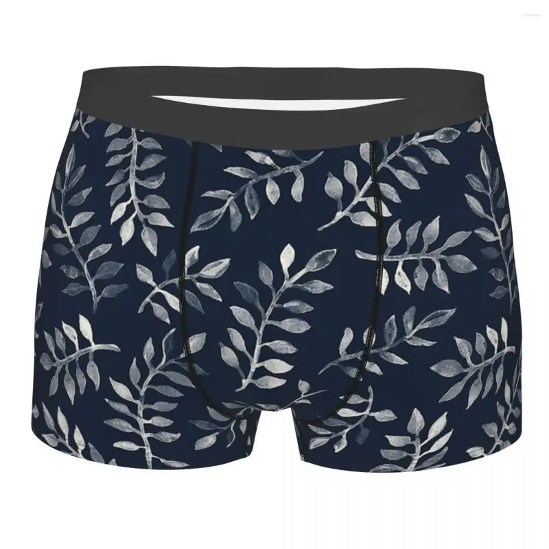 Unterhose weiße Blätter auf der Marine Eine handgemalte Muster Baumwollhöhe Herren Unterwäsche Print Shorts Boxer Slips