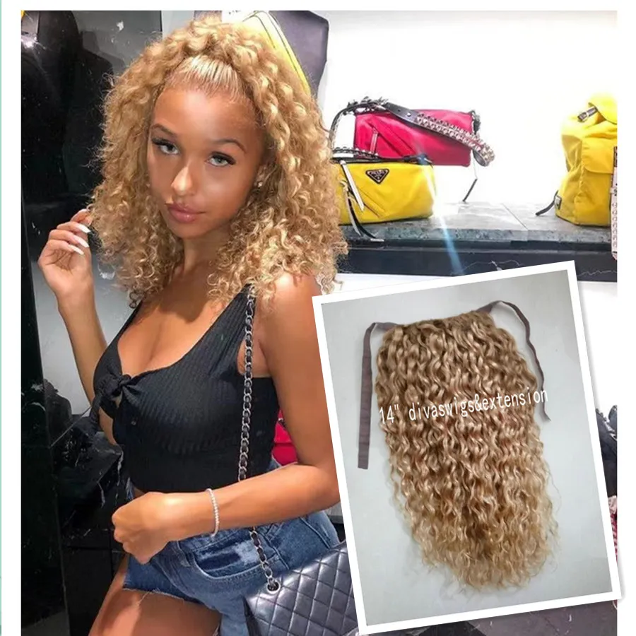 BlondPonytail Extension Human Hair 100% Remy brazilian Hair Wraps deep curly blonde Ponytail Hair Extension Clip in Pony tail Hair Piece with Magic Paste For Women