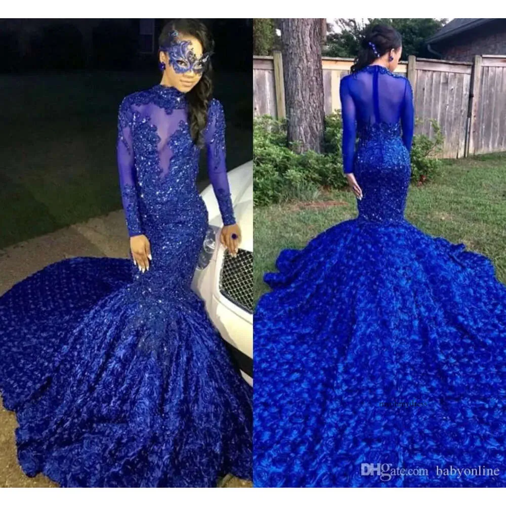 2021 Schöne Royal Blue Mermaid Prom Kleider Court Zug Blumen Appliken Elegante formelle Abendpartykleider Custom 0430