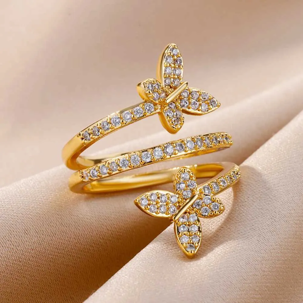 Bandringen Zirkon Double Butterfly Ring Dames Goud Open Multi Layered Fashion Wedding Party Finger Sieraden 2024 NIEUW Q240429