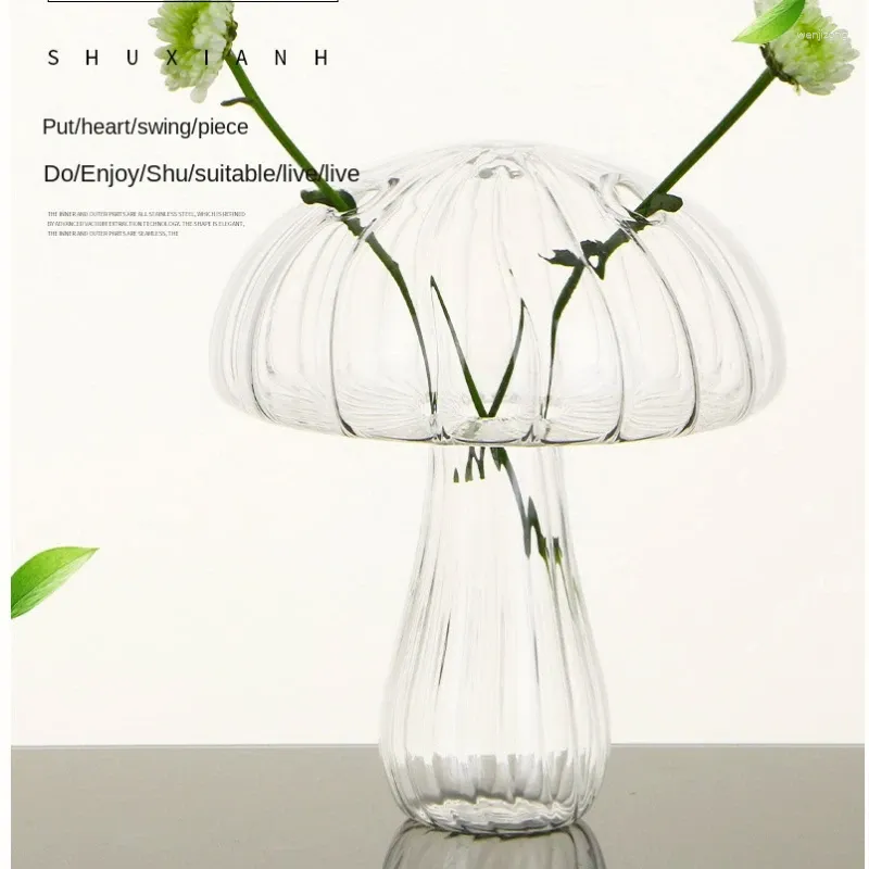 Vasi Creative Glass Vase Ins Ornaments Mushroom Ornaments Tasto fiore trasparente per la decorazione del soggiorno domestico Nordico