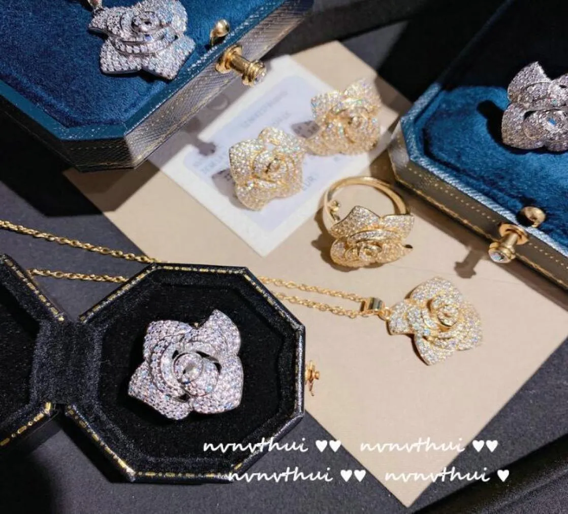 Brilliant Luminous Camellia Gem Earrings Rose Cluster Inlaid Zircon Full Rhinestone Ball Ring Women Jewelry Set Necklace8785531