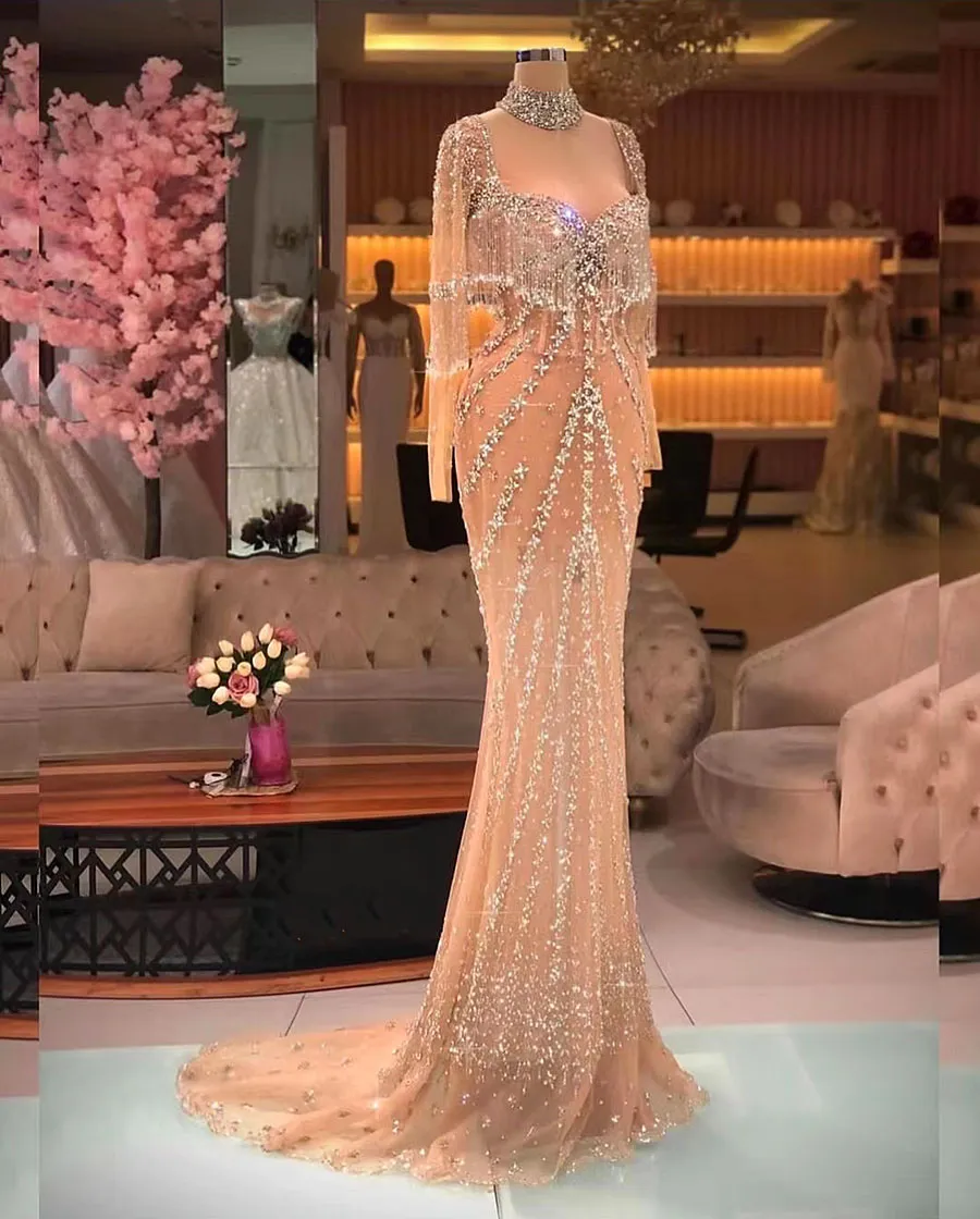 Sliver Sliver Nude Sirène élégant Arabe Long Manches de soirée Robes de promotion 2024 Fête de perle de luxe