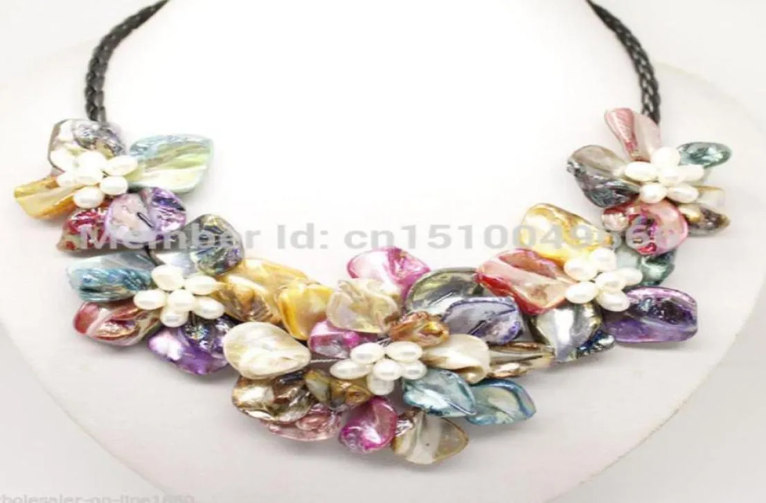 gtgtgtStunning Multicolor Freshwater Pearl Sea Shell Flower Leather Necklace 18quot8553227