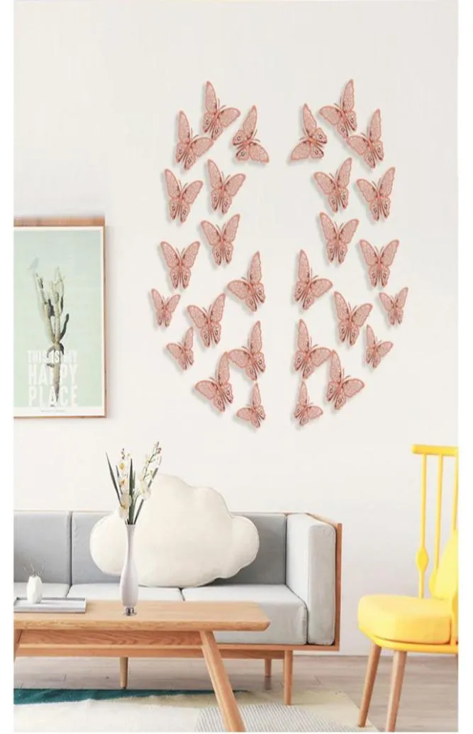 12pcSet Setter en or rose 3D Hollow Butterfly Wall Sticker for Home Decor Butterflies Stickers Room Decoration Party Decors WLL97582722