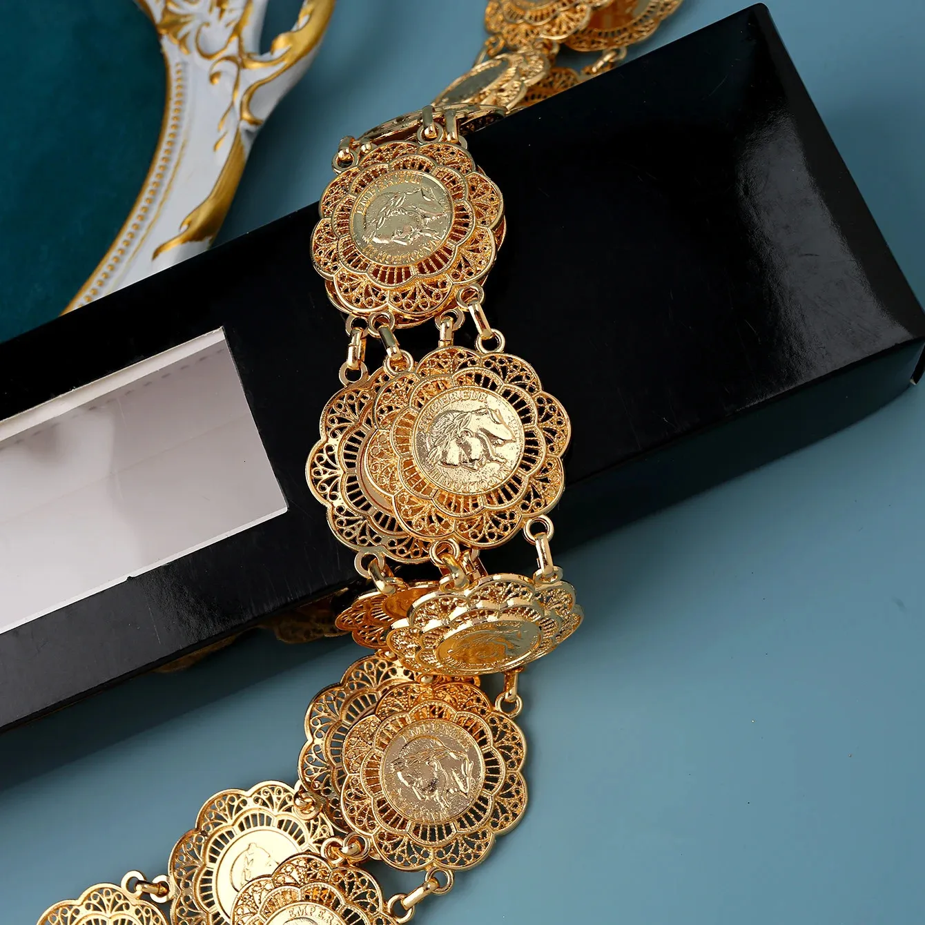 Metal Flower Shape Napoleon Coin Bridal Belt for Men Wide  display picture 3