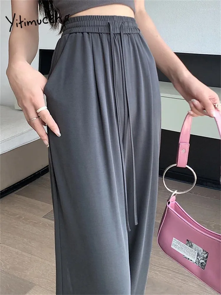 Pantalon féminin yiticumeng solide occasionnelle femme été 2024 coréen mode mince cordon de crampe large hauteur taille droite droite