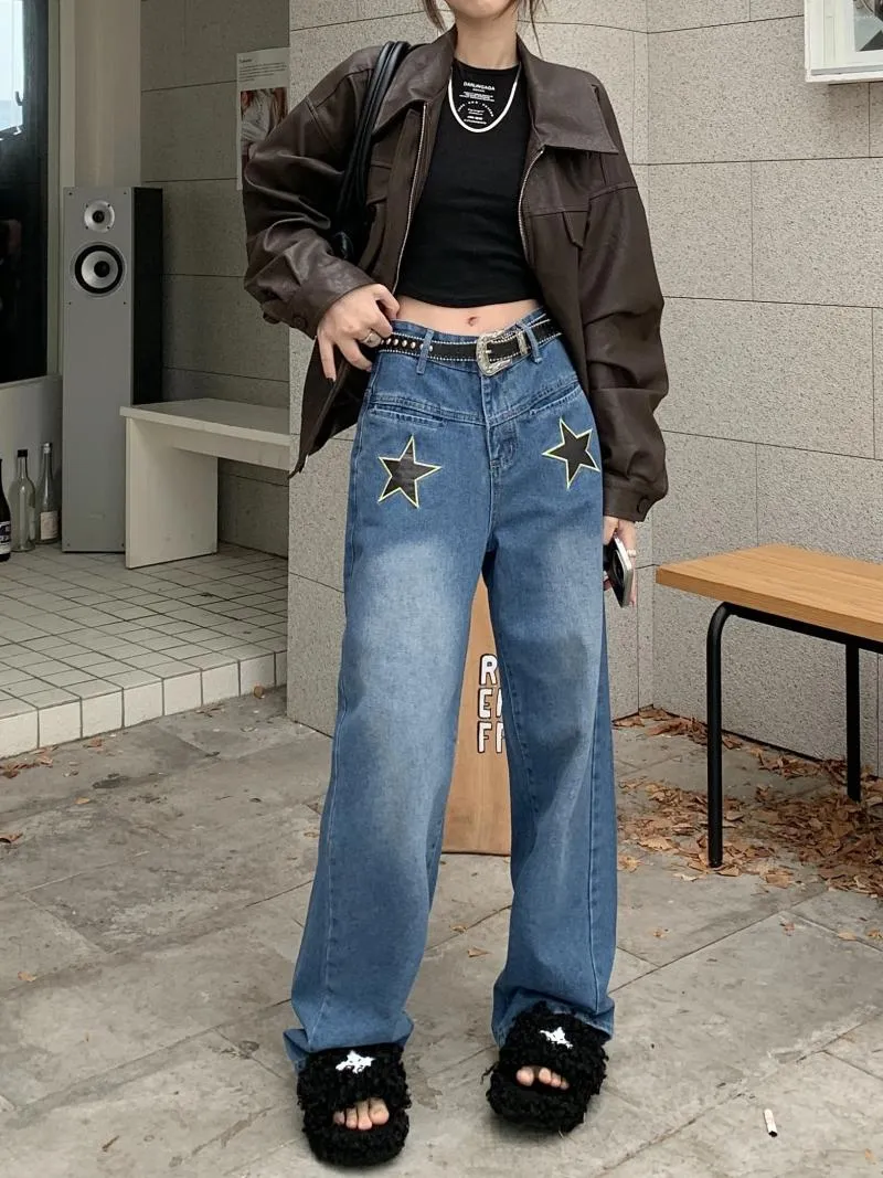 Jeans féminins 2024 Vintage Star Pocket Pocket Stitching Straight Denim Pantalon Femmes Y2K Streetwear Coltoue Casual Harajuku Low Rise Capris